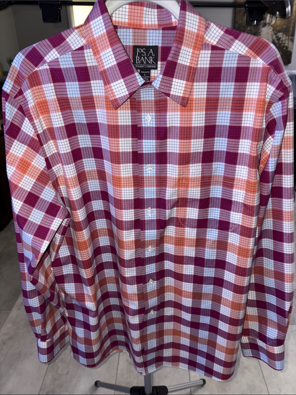 Jos. A. Bank Travelers Collection Dark Red and Orange Plaid Dress Shirt Size L